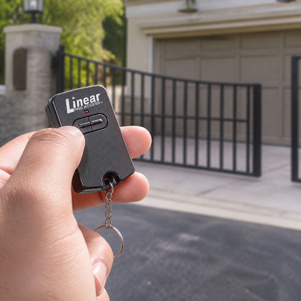 RB742 two-button remote on its key ring held at a driveway with a swing gate and garage door behind