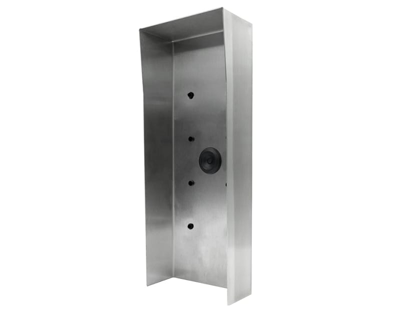DoorBird protective hood for the D2101KV, brushed stainless, three-quarter view showing the back panel and cable grommet