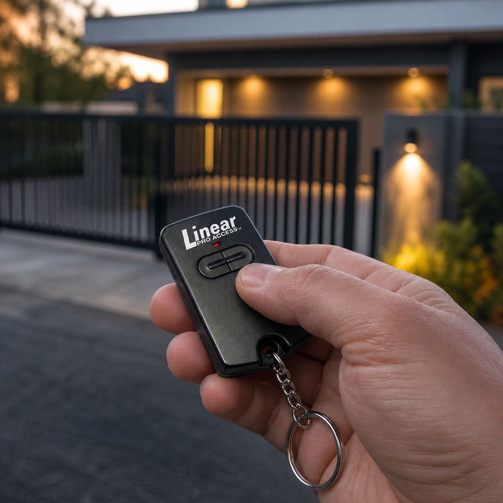 Hand holding the Linear RB742 remote, thumb on a button, a lit house with a black driveway gate behind at dusk