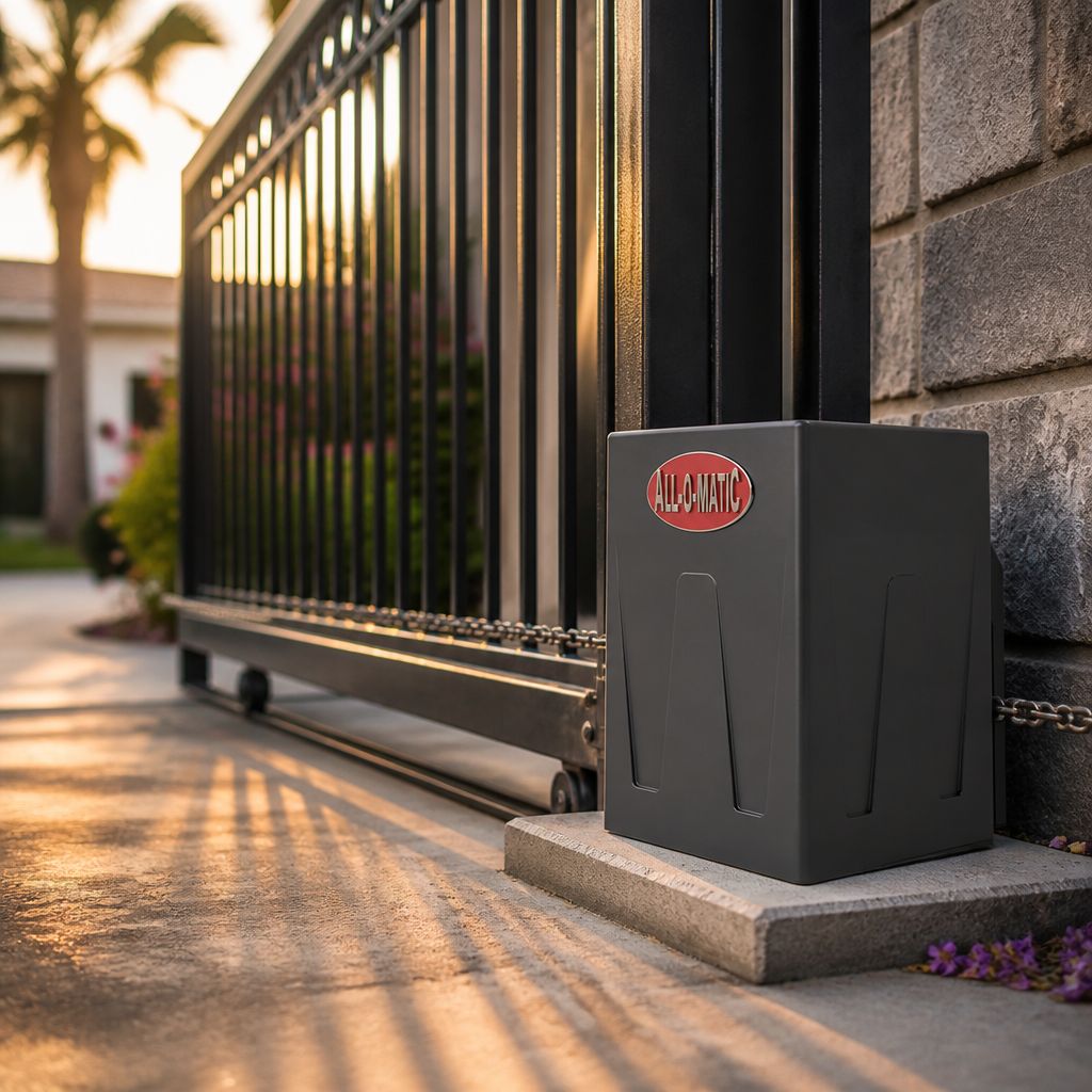 All-O-Matic SL-45DC PRO installed on a concrete pad beside a steel slide gate